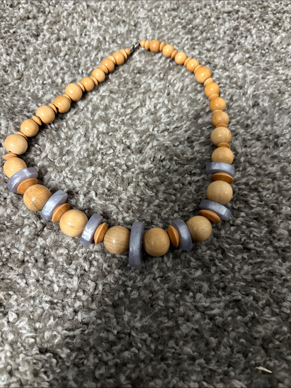 Natural Wood Bead Necklace with Lavender Accents - Unbranded
